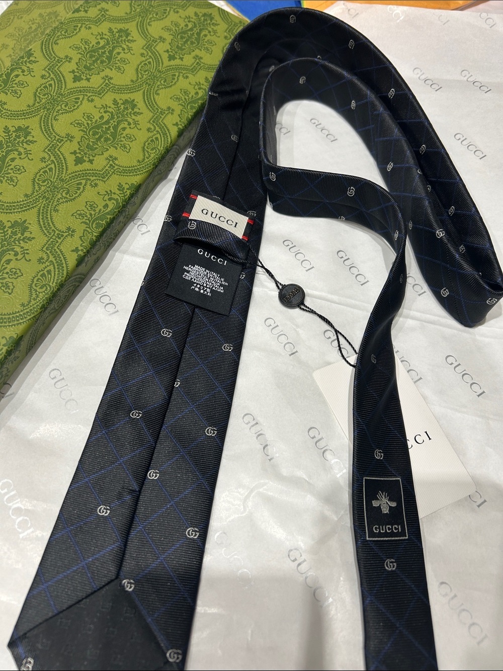 Gucci Black Silk Tie with Navy Windowpane and GG Motif - Picture 3 of 3